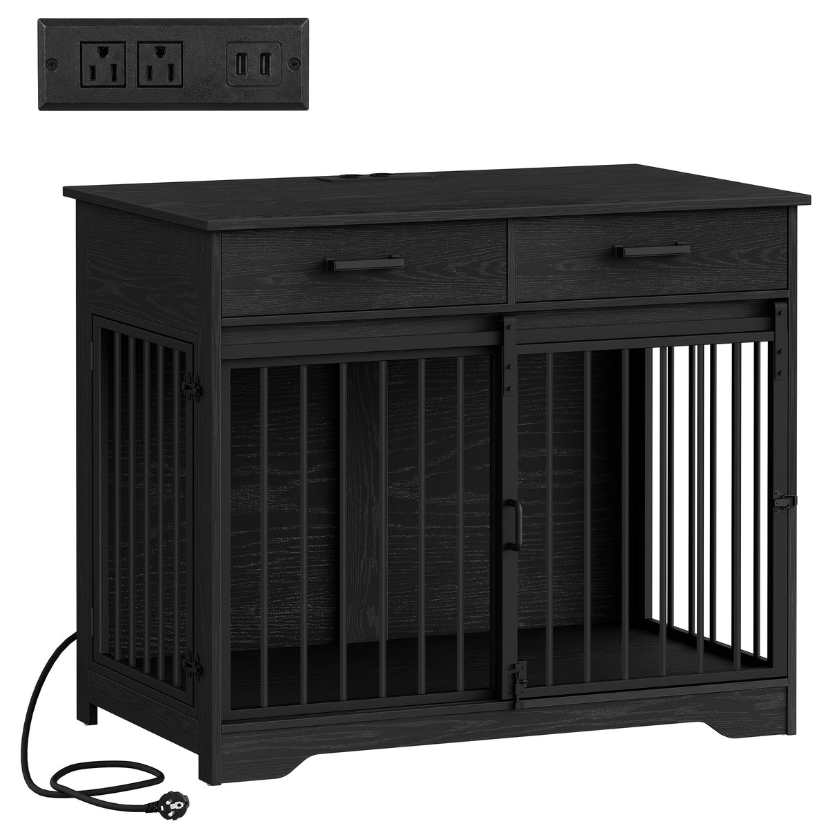 38.2'' Dog Crate Furniture with Charging Station, Barn Door Dog Kennel Indoor with 2 Storage Drawers, Wooden Pet Cage End Side Table for Medium/Large Dogs, Chew-Proof, Black/White Brown