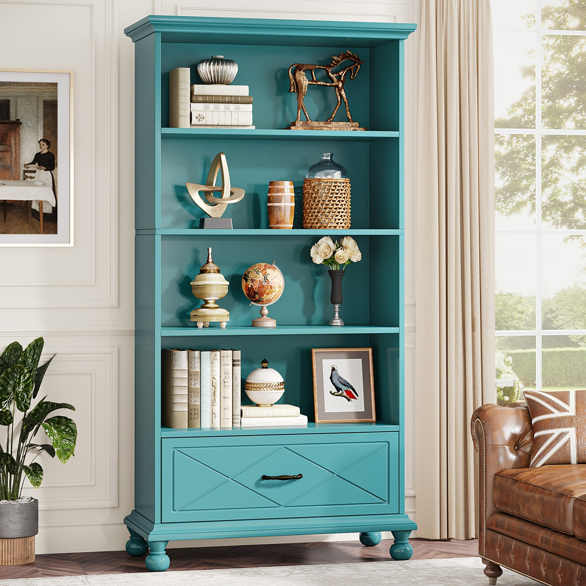 Modern 6-Shelf Bookcase with Drawer, 71 Inch Tall Floor Standing Bookshelf with Solid Wood Legs, 6-Tier Large Open Display Storage Book Shelf for Living Room, Bedroom, Home Office, Ocean Blue