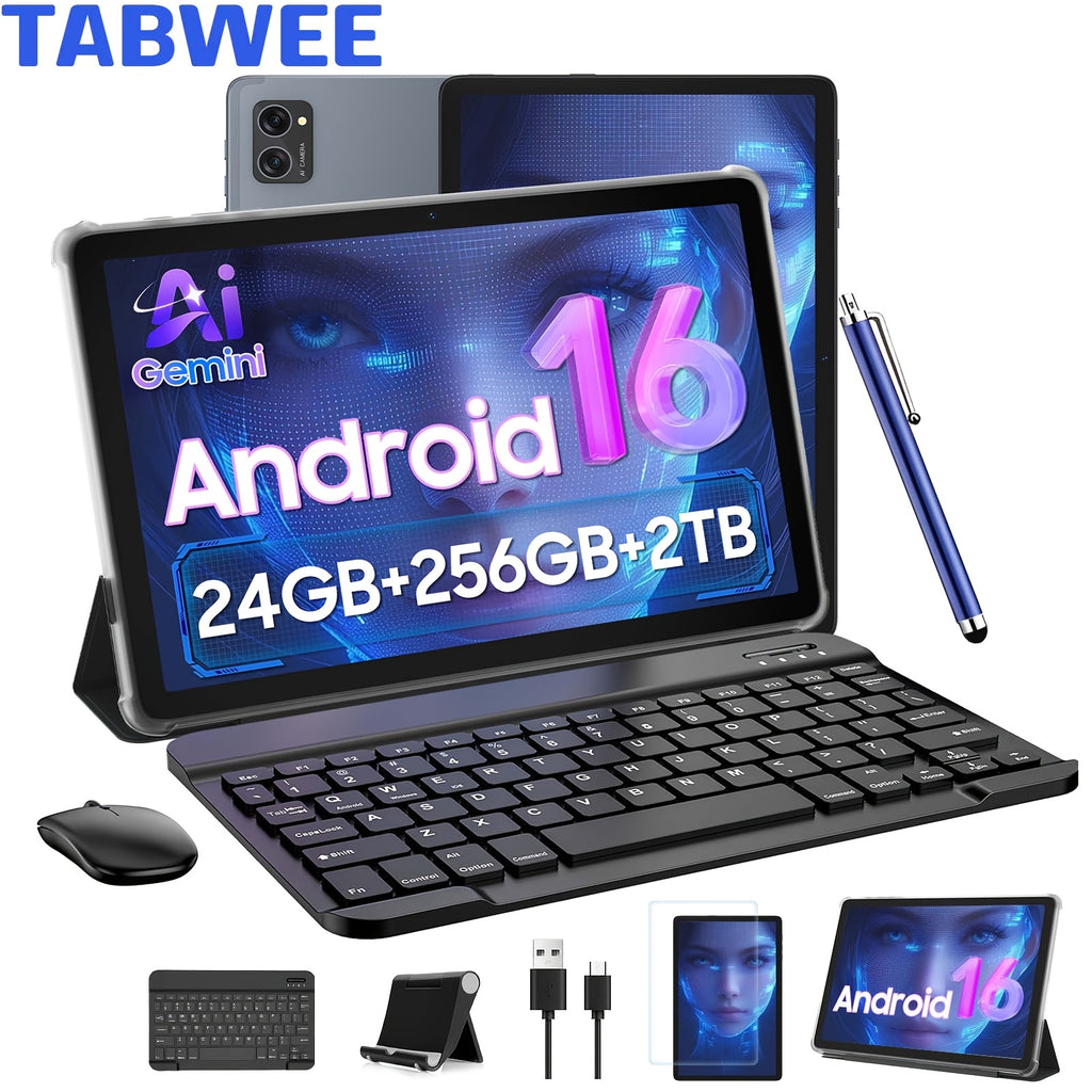 TABWEE T20 Android 16 New 2026 Tablet, HD IPS Large Screen, Unisoc Octa-Core High-Performance CPU, 24(8+16)GB RAM + 256(2TB Expand), 8MP+5MP Dual Cameras, Support Long Battery Life, Face Unlock, Widevine L1, Gemini Ai, And 90Hz High Refresh Rate