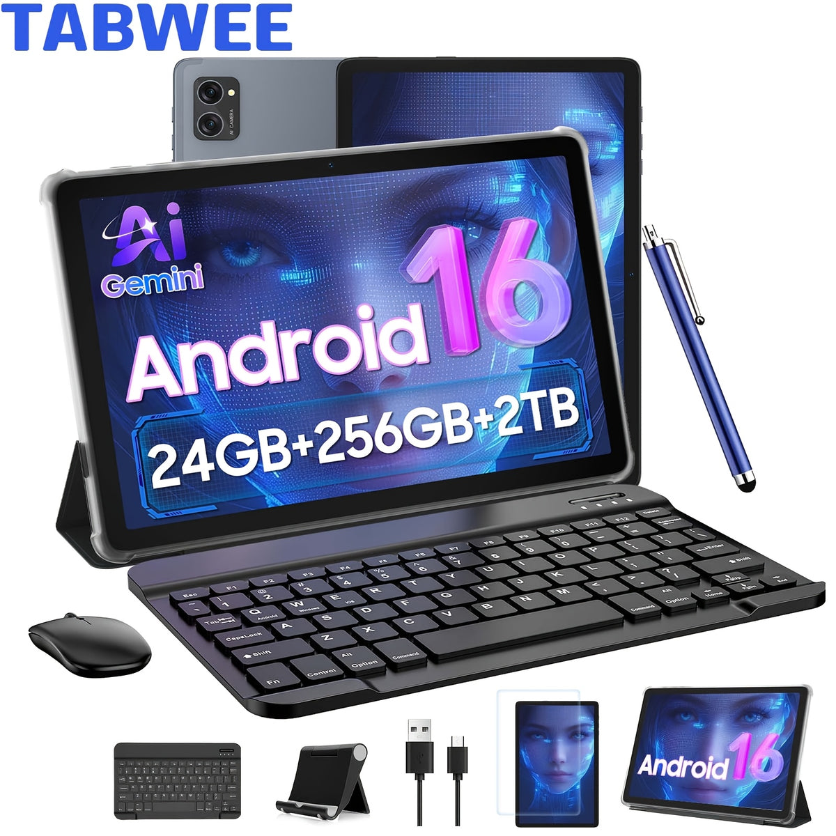 TABWEE T20 Android 16 New 2026 Tablet, HD IPS Large Screen, Unisoc Octa-Core High-Performance CPU, 24(8+16)GB RAM + 256(2TB Expand), 8MP+5MP Dual Cameras, Support Long Battery Life, Face Unlock, Widevine L1, Gemini Ai, And 90Hz High Refresh Rate