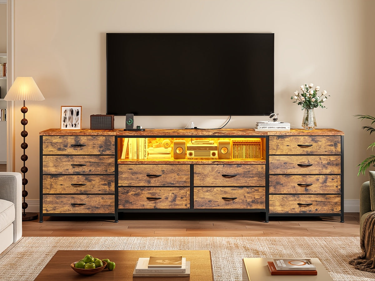 [12pcs] 63" Smart TV Stand With LED Lights & Power Outlets, For TVs Up To 75", 12-Drawer Fabric Dresser, Entertainment Center For Living Room, Bedroom, Hallway, Brown