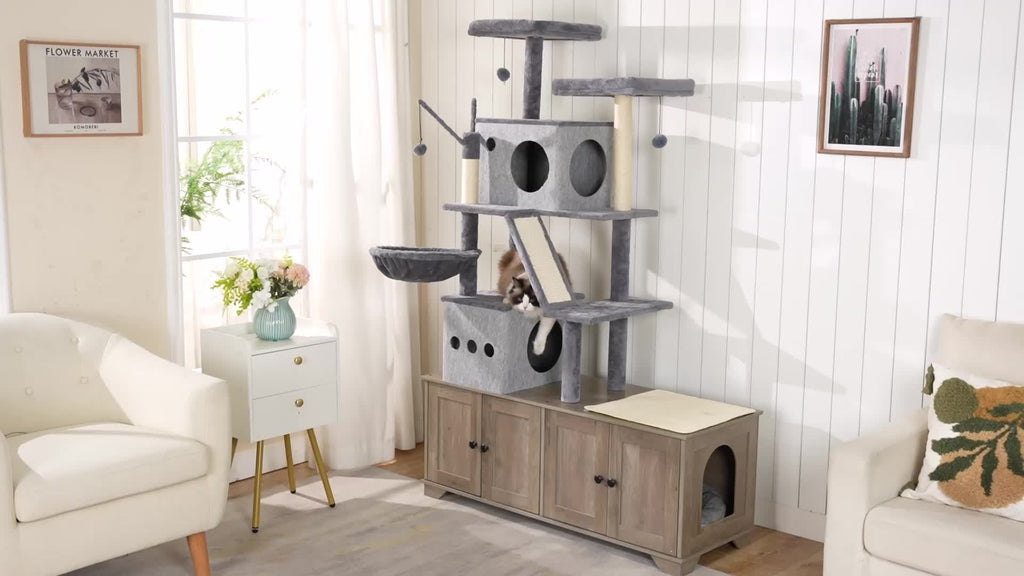 Double Litter Box Enclosure with Cat Tree, 45.3"L X 17.7"W X 68.9"H All-In-One Modern Cat Tower with Cat Bed, Hidden Litter Box Enclosure Furniture, with Hammock, Sisal Posts, Greige
