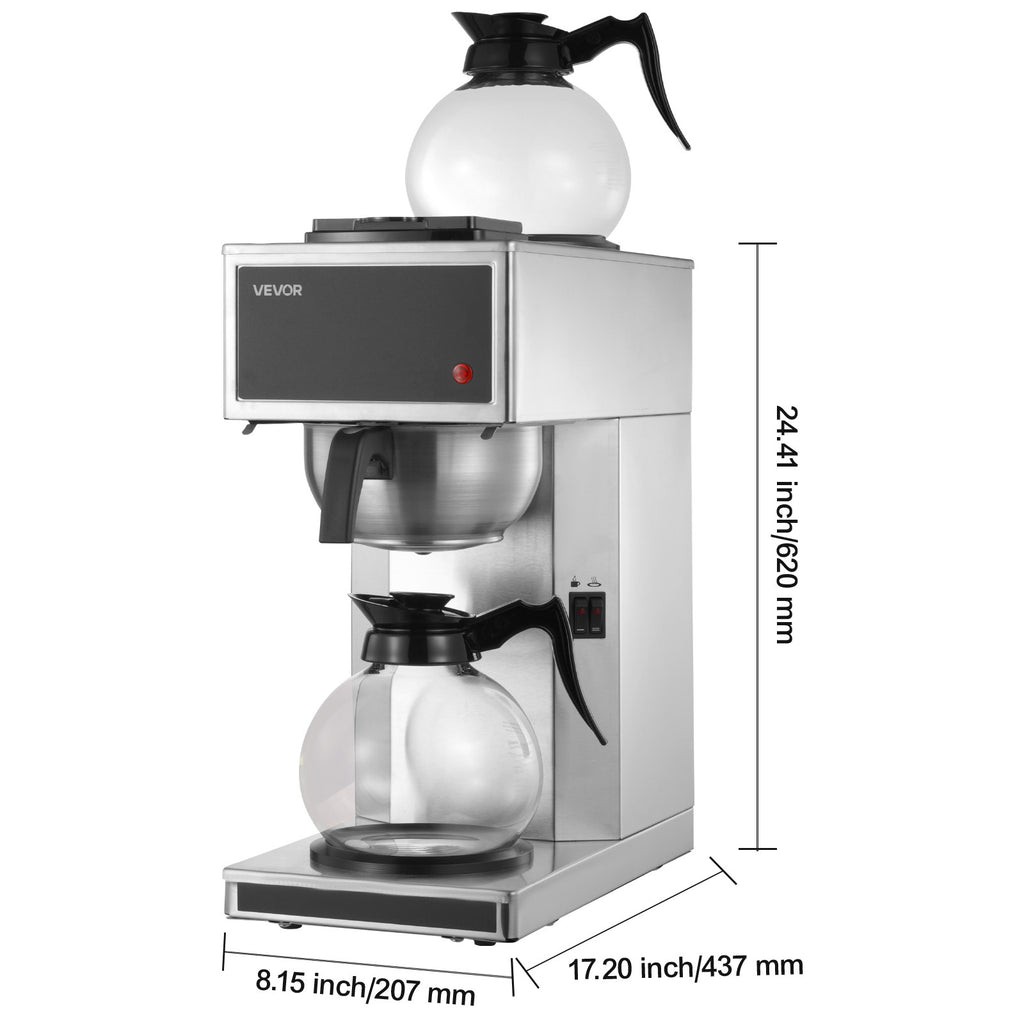 VEVOR Commercial Drip Coffee Maker, 12 Cups Coffee-Maker Machine with 2 Glass Carafes and 2 Decanter Warmer Plates, Stainless Steel Drip Style Coffee Brewer, for Restaurant, Office, Coffee Shop & Home