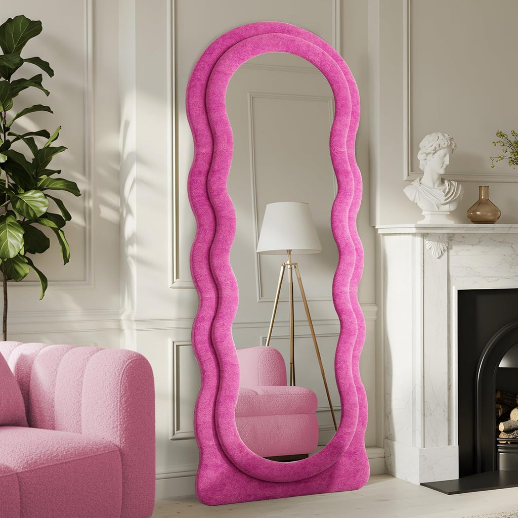 63"x24" Large Arched Full Body Mirror with Hot Pink Flannel Wrapped Frame & Stable Stand - Contemporary Floor Standing or Wall-Mounted/Leaning Mirror for Bedroom, Dressing Room, Entryway - No Electrical Required, Durable Construction