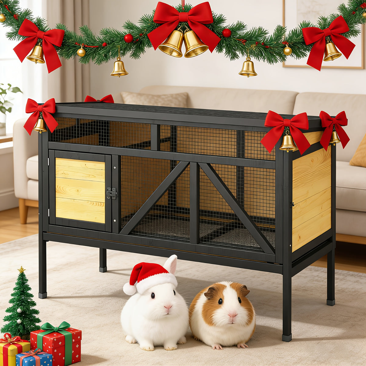 Rabbit Hutch, 46.7" Elevated Rabbit Cage - Indoor & Outdoor Rabbit Hutch, Wooden Design with Removable Tray, Bunny Cage for Guinea Pig, Asphalt Roof And Bottom Wire Mesh for Small-Medium Animals, Without Battery