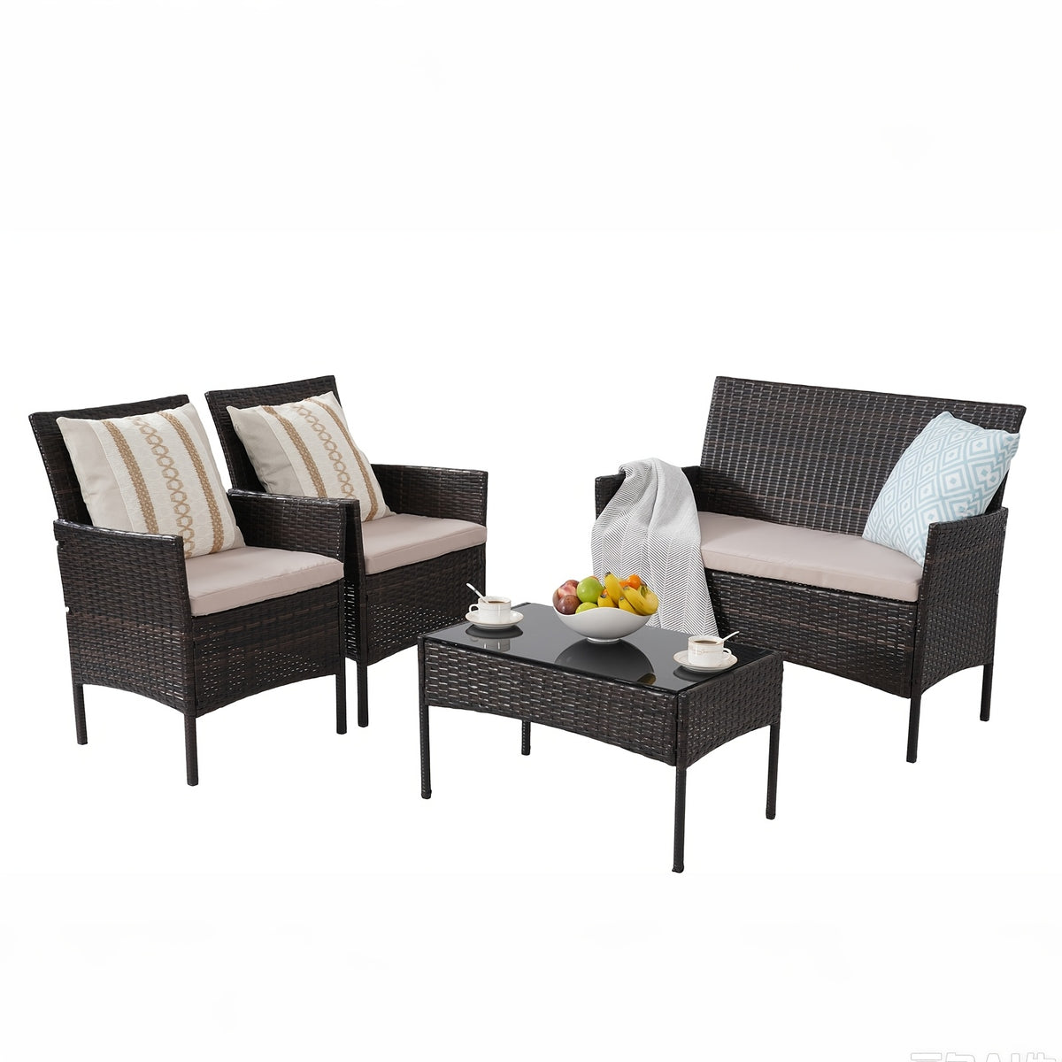 PUPATIOB 4pcs Wicker Patio Conversation Set, Outdoor Rattan Sofas with Table Set, Patio Furniture Set with Soft Cushions & Tempered Glass Coffee Table for Poolside Balcony