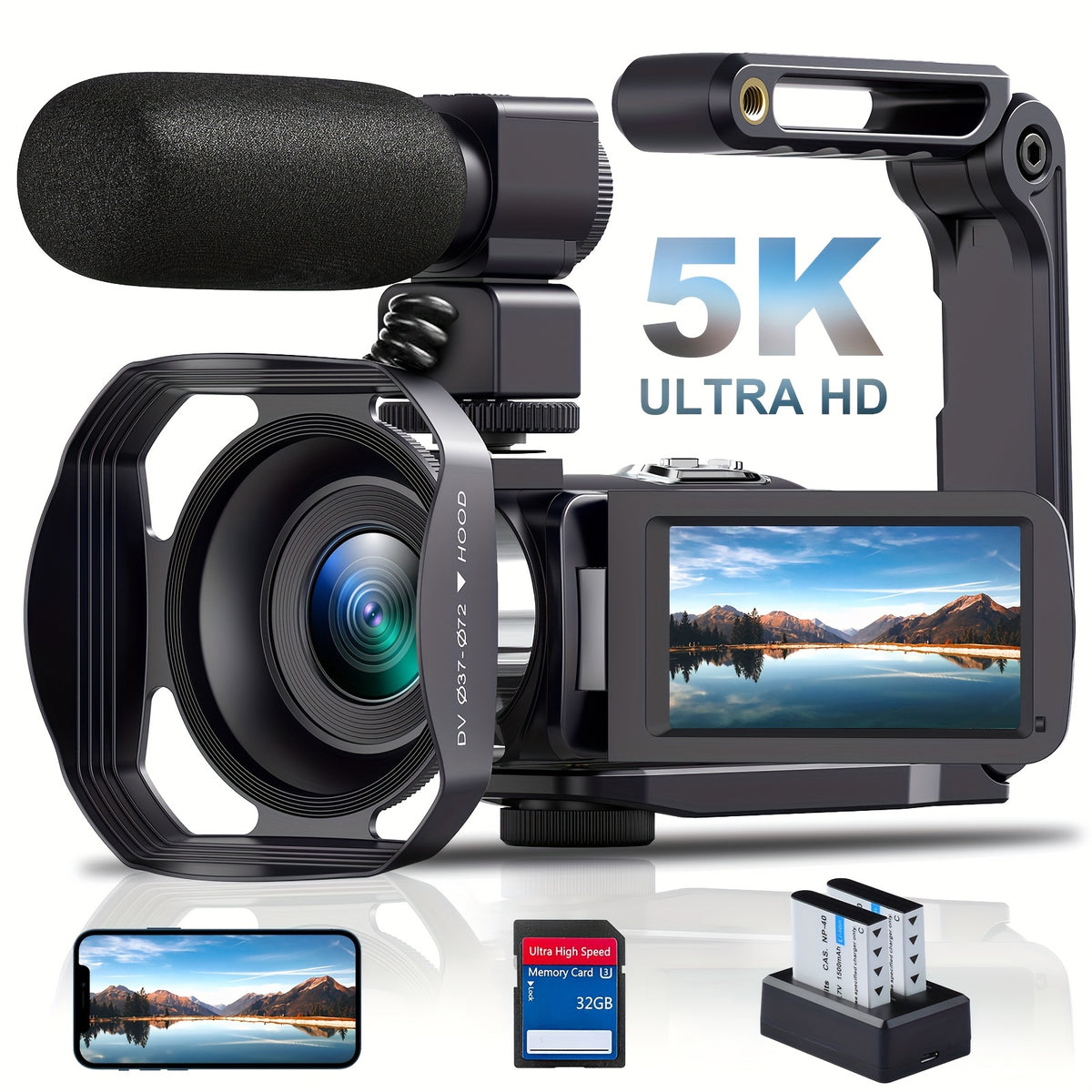 DINGETU 5K Video Camera Camcorder, 64MP WiFi Vlogging Camera for YouTube with IR Night Vision, 18X Digital Zoom, 3" Touch Screen, Webcam, Microphone, Remote Control & 2 Batteries