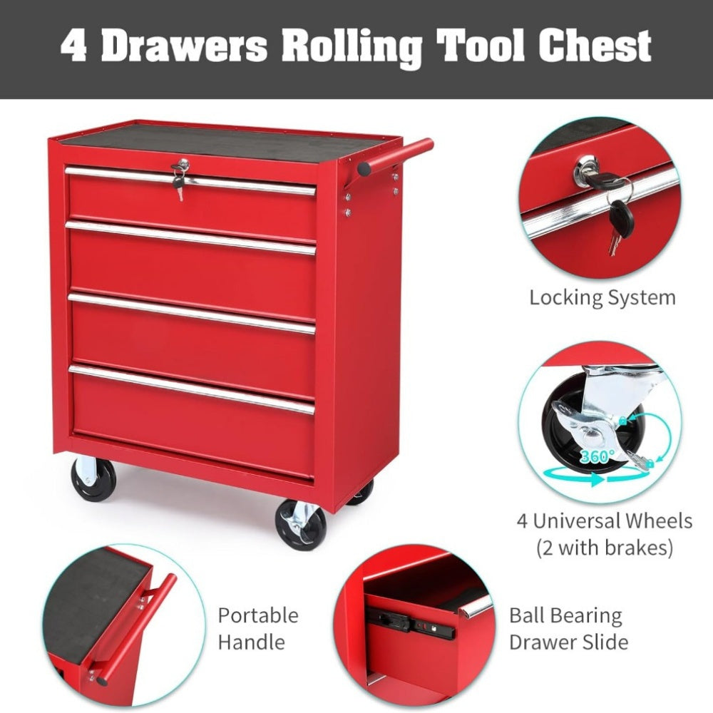 Professional-Grade 4-Drawer Mobile Tool Chest with Lock And Key Heavy Duty Steel Rolling Cabinet for Workshops And Garages (Red)