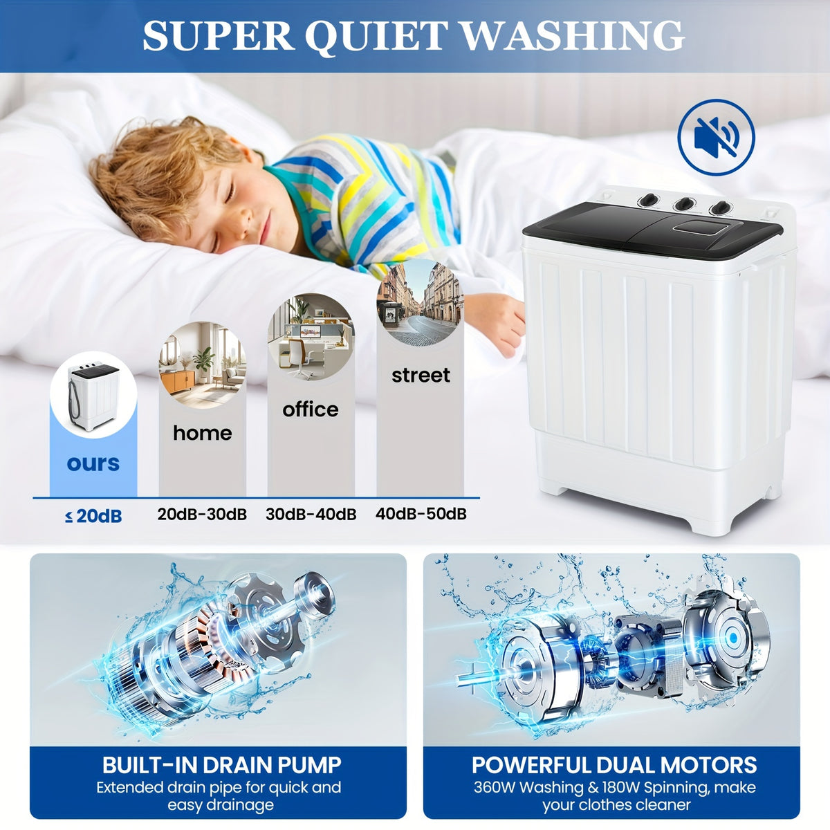 Portable Washing Machine 30Lbs 2 in 1 Compact Twin Tub Washing Machine, 19Lbs Washer And 11Lbs Spin Dryer with Built-In Drain Pump, Durable Design, Time Control, for for Apartments, Dorms, Rvs