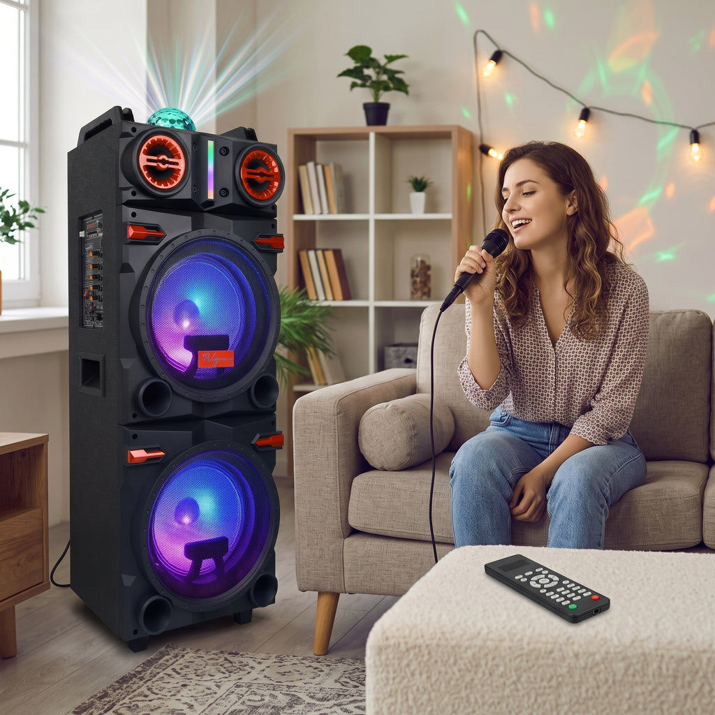Dual 10" Bluetooth Karaoke Speaker, Portable Subwoofer with Heavy Bass, LED Flashing Lights, Mic & Remote, Multi-Mode (BT/USB/TF/AUX/FM), TWS Pairing, Handle & Wheels for Home, Party, Outdoor Events