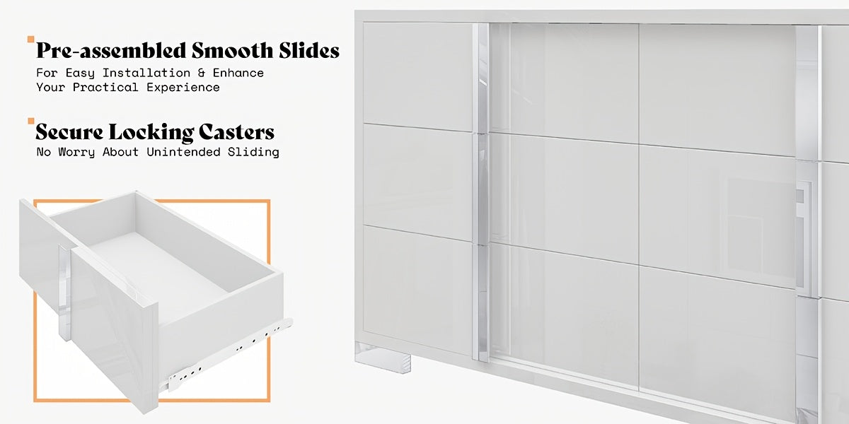 Modern 54" W High Gloss 6-Drawer Dresser with Silvery Handles, Spacious Storage Chest with Wide Top for Bedroom, Closet, Or Living Space