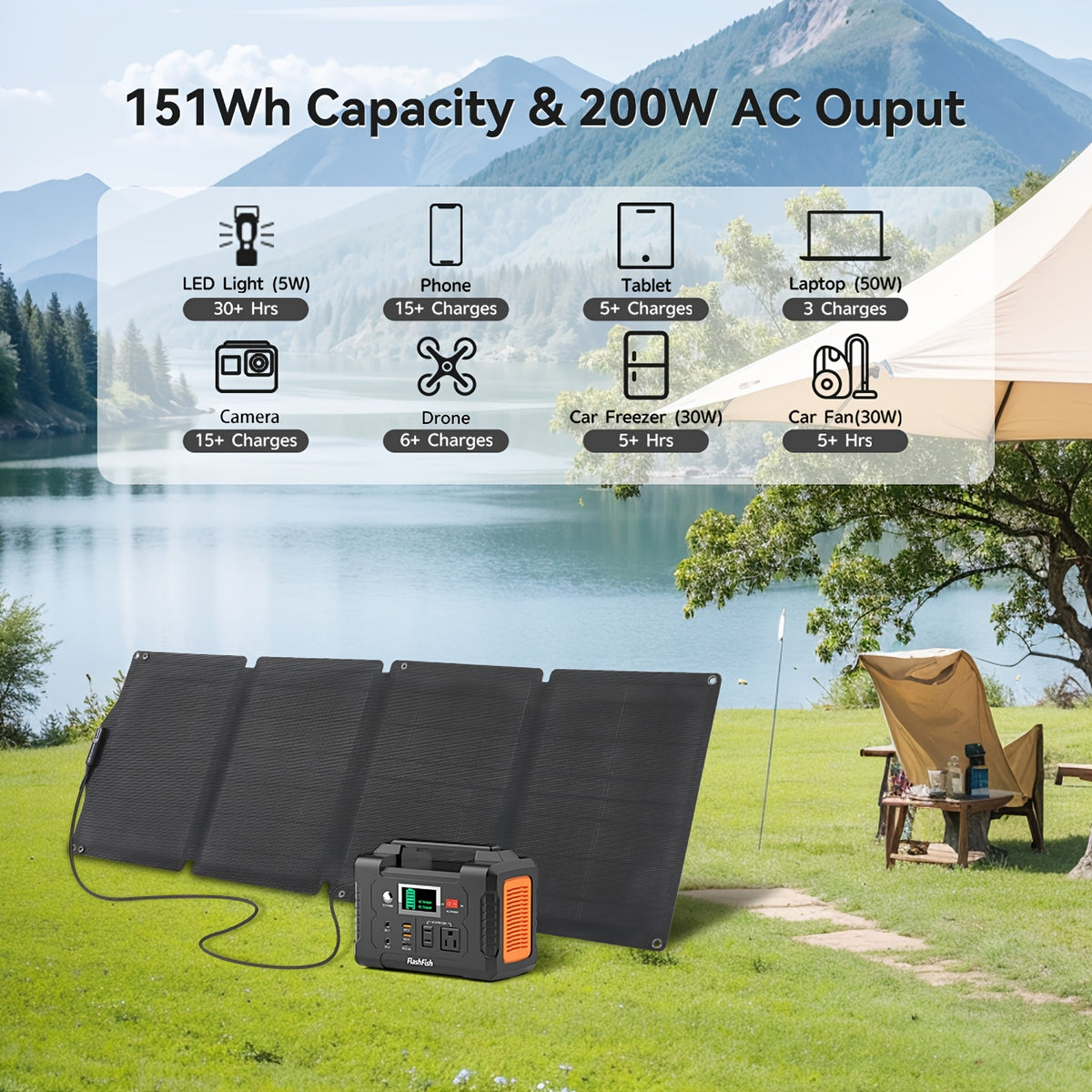 Portable Power Station Flashfish 151Wh with 200W AC Outlet and 60W Solar Panel for Camping and RV Backup