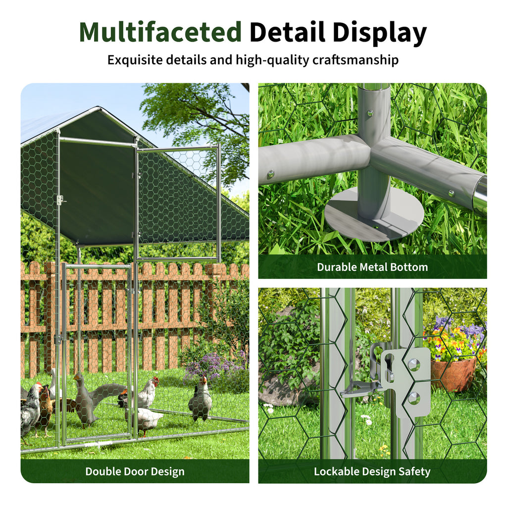 Walk-In Chicken Run with Feeding Port and UV-Resistant Cover, Galvanized Outdoor Poultry Enclosure