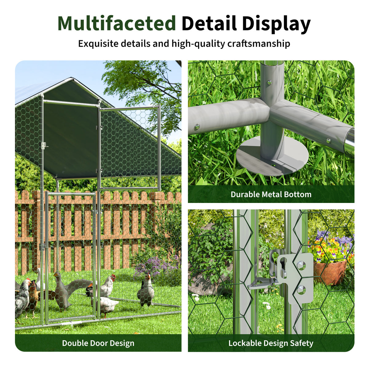Walk-In Chicken Run with Feeding Port and UV-Resistant Cover, Galvanized Outdoor Poultry Enclosure