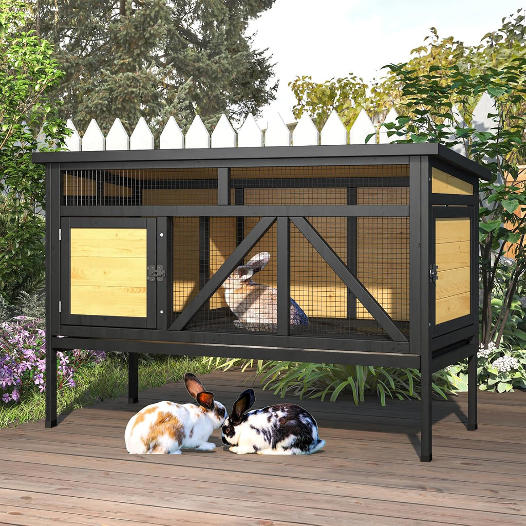 46.7" Elevated Rabbit Cage, Fir Wood Small Animal House - Indoor & Outdoor Rabbit Hutch, Bunny Cage for Guinea Pig, Wooden Design with Removable Tray, Asphalt Roof & Bottom Wire Mesh for Small-Medium Animals