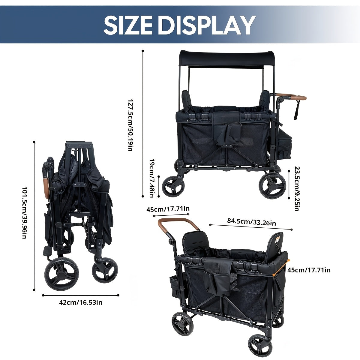 All-Terrain Stroller Wagon for 2 Kids (Available In Gray & Black) | Heavy-Duty Foldable Cart with Canopy, Snack Tray & 5-Point Harness | for Beach, Park, Family Adventures