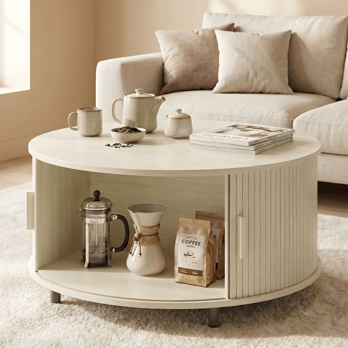 Round Coffee Table, 32-Inch Modern Wooden Center Table with Sliding-Door Storage for Living Rooms and Apartments