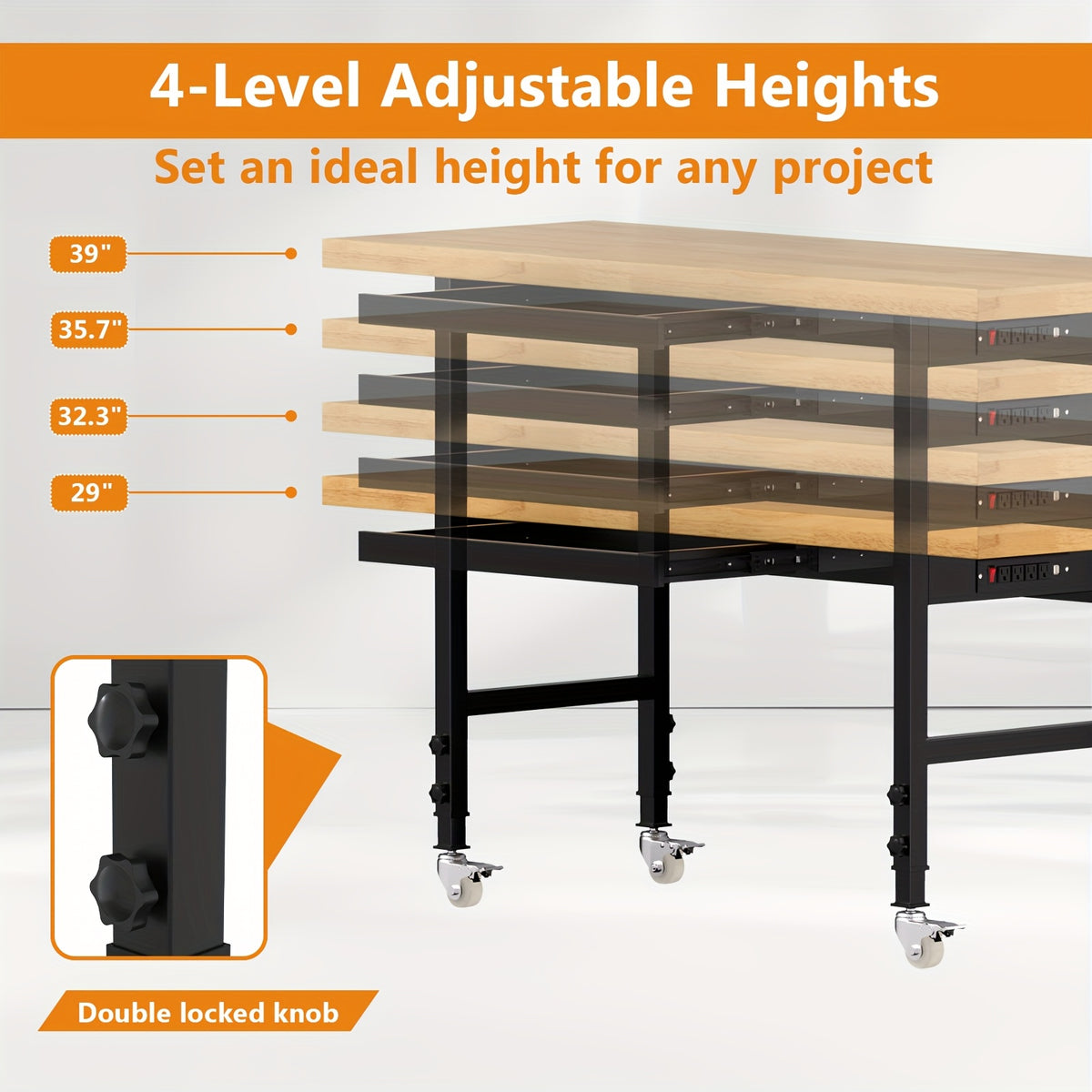 60 Solid Wood Tool Desk - with Drawers, Outlets, and Swivel Casters - Multiple Models Available