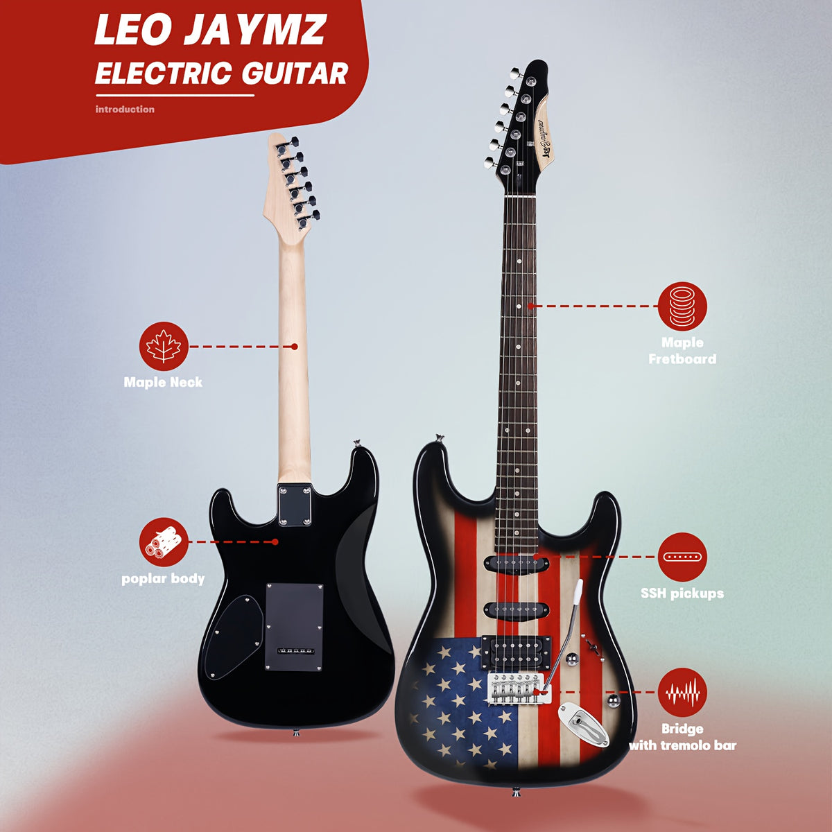 Leo Jaymz 39 Inch Full Size Electric Guitar Kit Electric Guitar Beginner Kits - 20W Amplifier, Digital Tuner, Carring Bag, Shoulder Strap, Connecting Cable