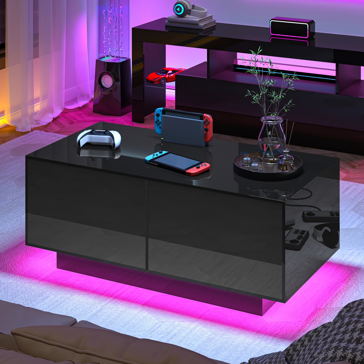 High Glossy LED Coffee Table, Modern Coffee Tables with Open Display Shelf And Sliding 2 Drawers, Rectangular Coffee Table with LED Lights for Living Room, Dining Room, White/Black