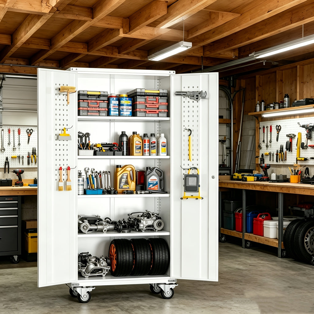 Metal Storage Cabinet with Wheels, Pegboards, Locking Doors And 4 Adjustable Shelves, 71"H/72"H/73"H Tool Cabinet for Garage, Home, Basement, Kitchen