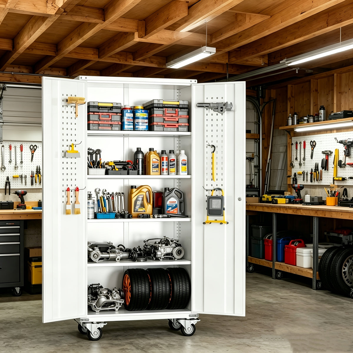 Metal Storage Cabinet with Wheels, Pegboards, Locking Doors And 4 Adjustable Shelves, 71"H/72"H/73"H Tool Cabinet for Garage, Home, Basement, Kitchen