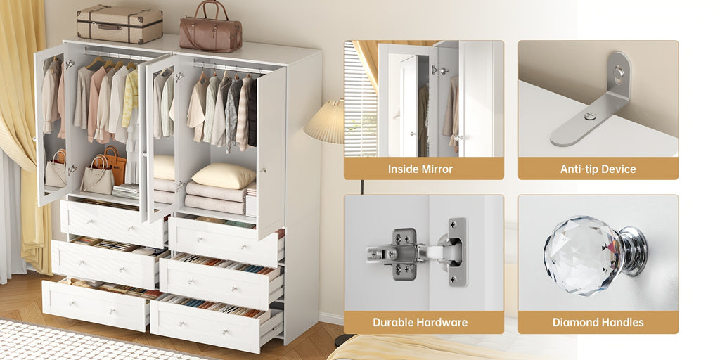 31.5" /47.3"/63" Wardrobe Armoire Closet with Mirror & Hanging Rod, Large Drawers & 2/3/4 Doors
