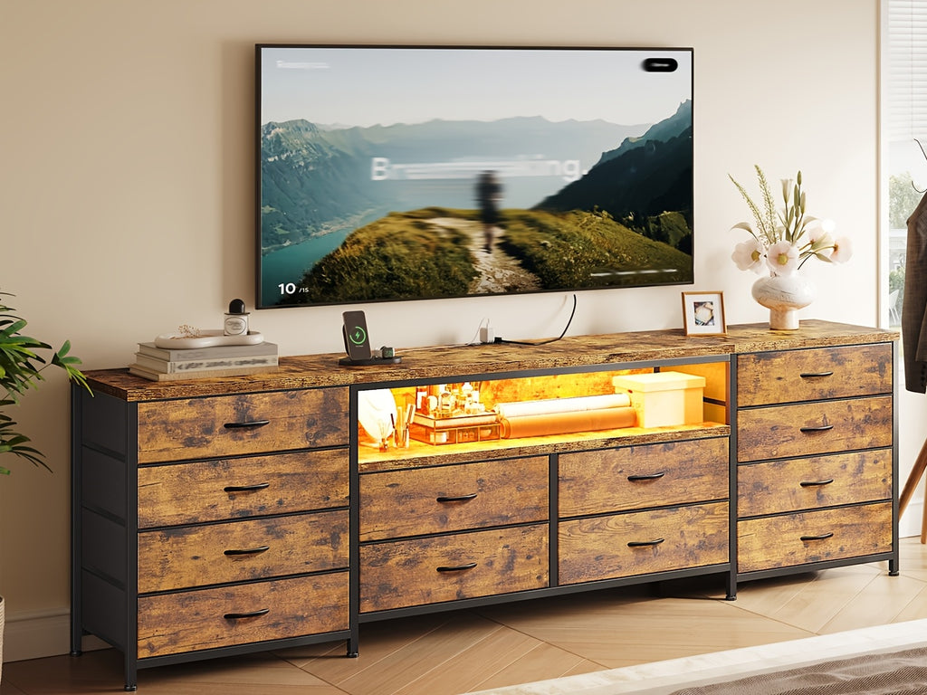 [12pcs] 63" Smart TV Stand With LED Lights & Power Outlets, For TVs Up To 75", 12-Drawer Fabric Dresser, Entertainment Center For Living Room, Bedroom, Hallway, Brown