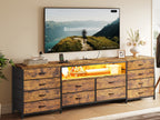 [12pcs] 63" Smart TV Stand With LED Lights & Power Outlets, For TVs Up To 75", 12-Drawer Fabric Dresser, Entertainment Center For Living Room, Bedroom, Hallway, Brown
