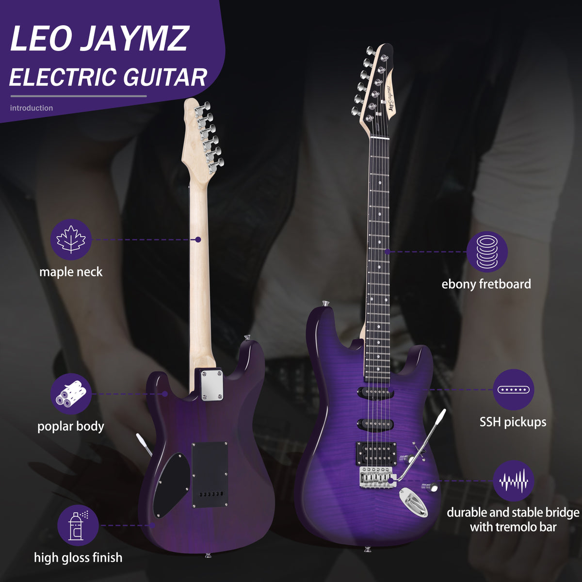 [Beginner Kit] Leo Jaymz 39 Inch Full Size Electric Guitar Kit Electric Guitar Beginner Kits - 20W Amplifier, Digital Tuner, Carrying Bag, Shoulder Strap, Connecting Cable