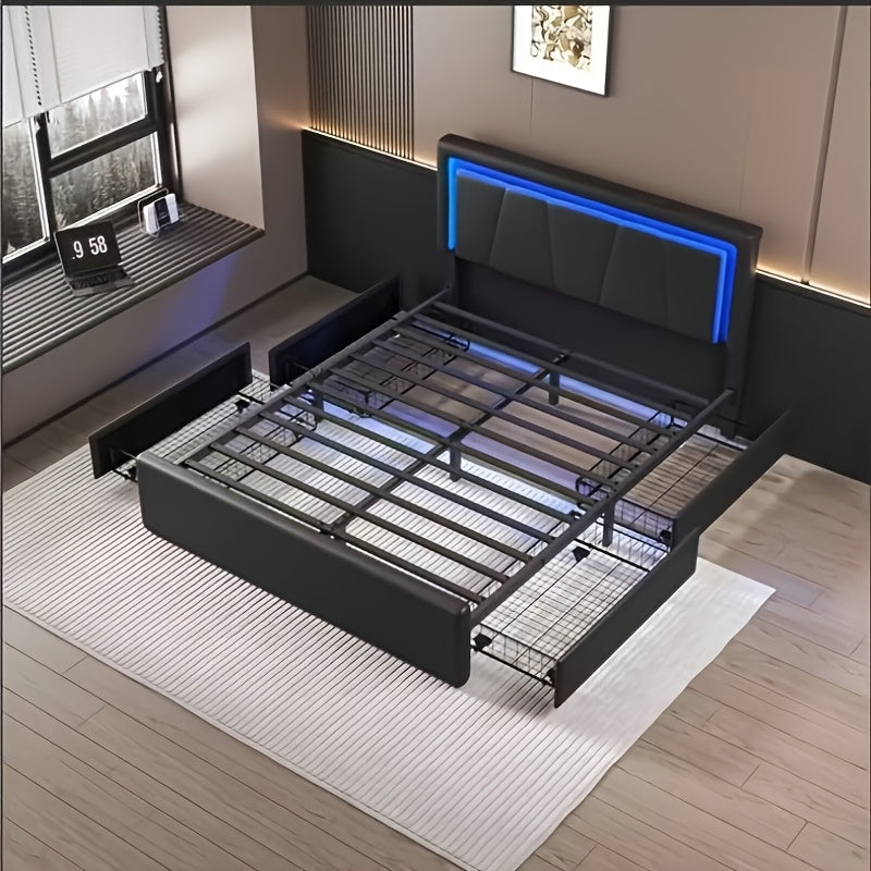 Upholstered Platform Bed Frame with 4 Storage Drawers, Twin/Full/Queen Size Bed Frame with LED Lights And Adjustable Headboard, Metal Slats Support, Charging Station, Easy Assembly, Noise Free, Black/White