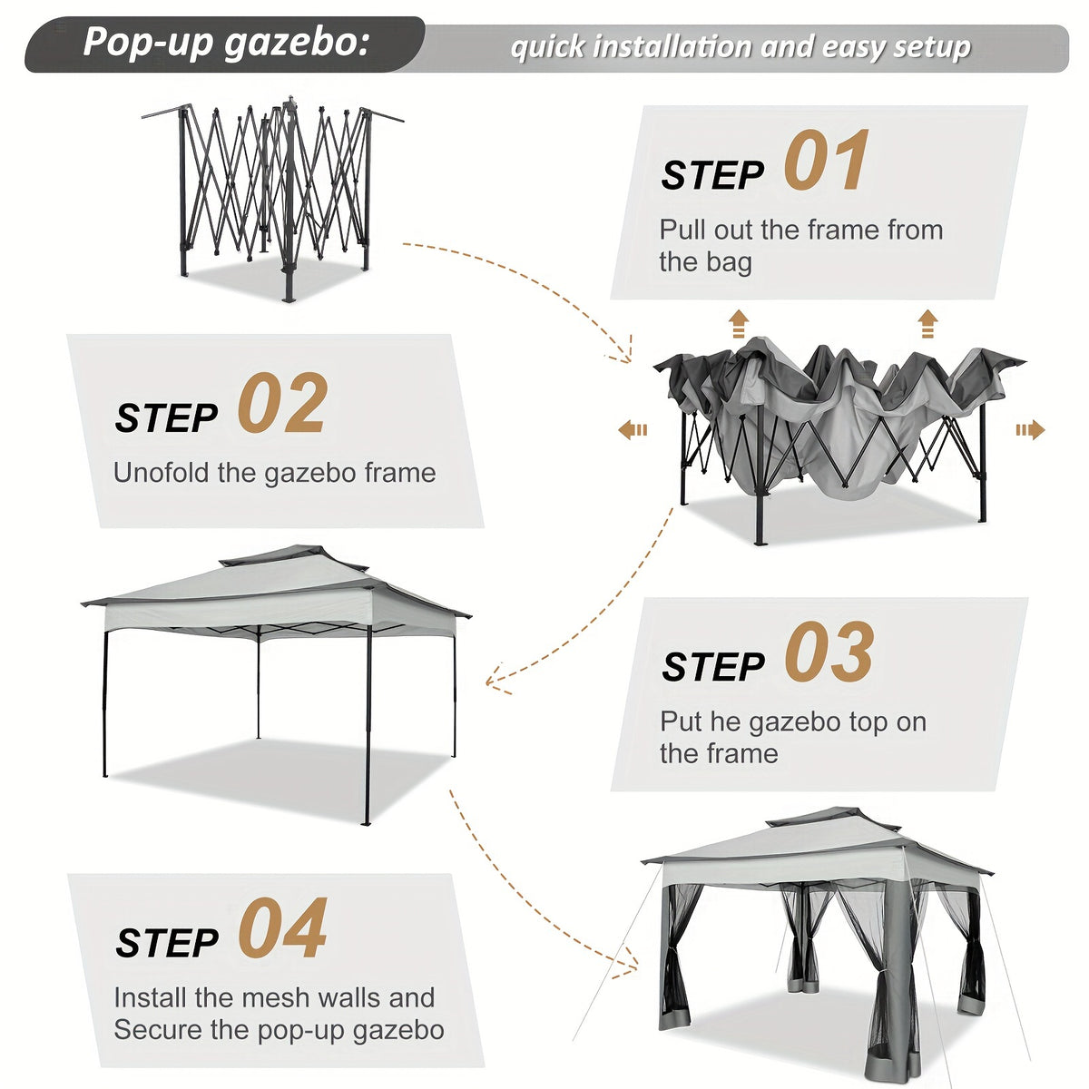 Tooluck 10X10Ft Outdoor Gazebo with Mosquito Netting And Double Roof, Easy Set Water-Resistant Metal Gazebo with Alloy Frame, for Gardens, Lawns & Backyard