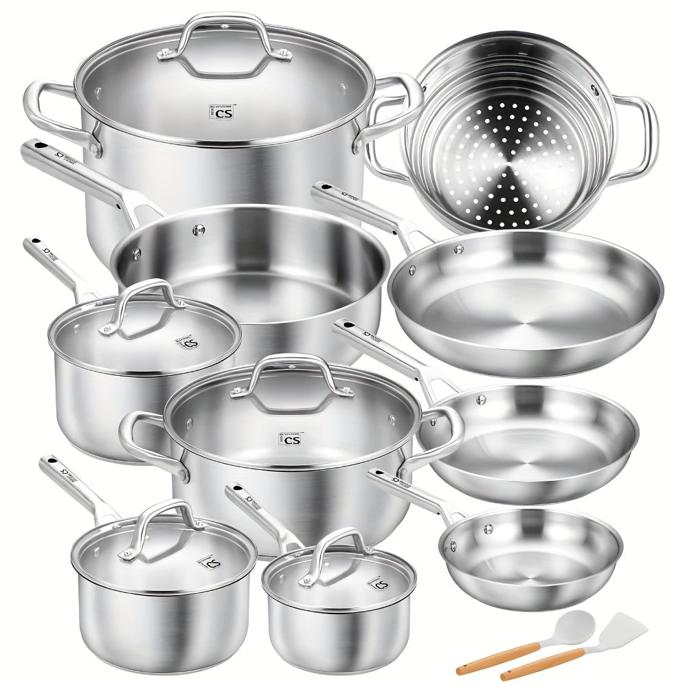 17pcs Stainless Steel Cookware Set, 17pcs Stainless Steel Pots And Pans Set for Home Cooking, Stainless Steel Kitchen Set Suitable for All Stoves, Induction Cookware Set, Oven & Dishwasher Safe