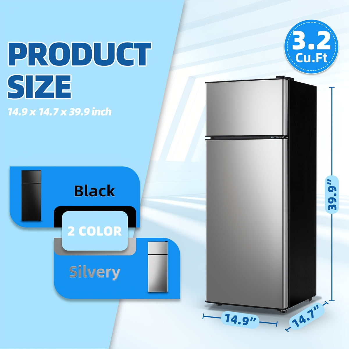 2-Door Compact Refrigerator Mini Fridge with Adjustable Thermostat & Removable Glass Shelves, Ultra-Quiet Cooling Suitable for Bedroom, Office, Dorm, Small Space, Direct-Cool System, ABS Cabinet, Compressor Cooling, Low Voltage ( Plug)
