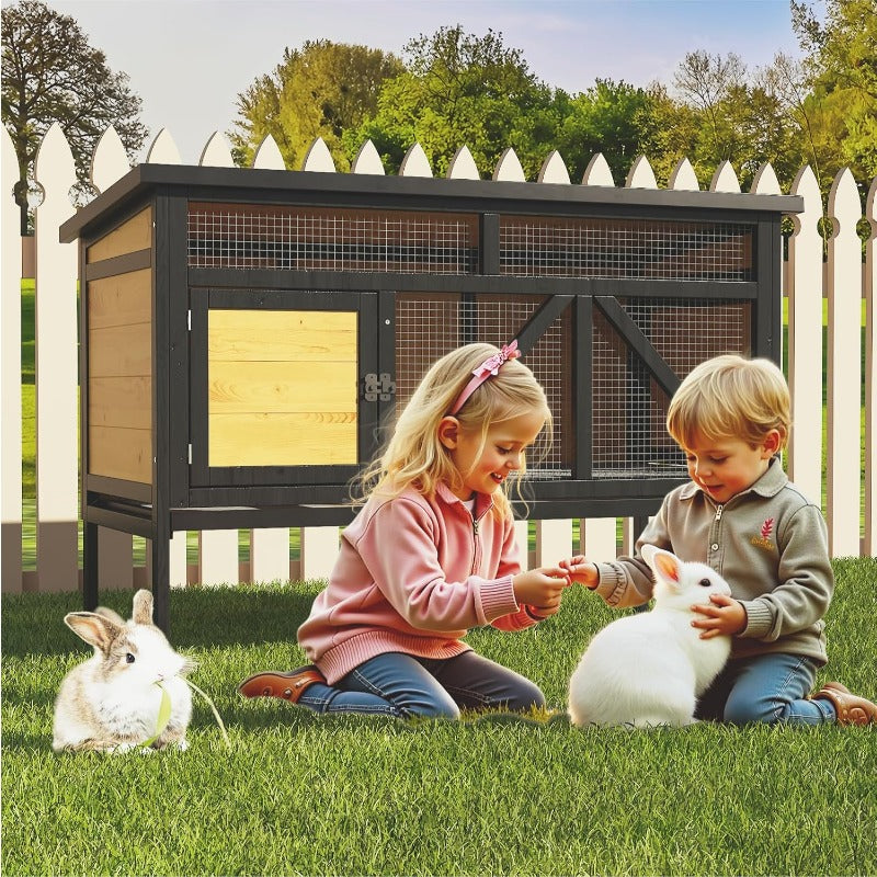 46.7" Elevated Rabbit Cage, Fir Wood Small Animal House - Indoor & Outdoor Rabbit Hutch, Bunny Cage for Guinea Pig, Wooden Design with Removable Tray, Asphalt Roof & Bottom Wire Mesh for Small-Medium Animals