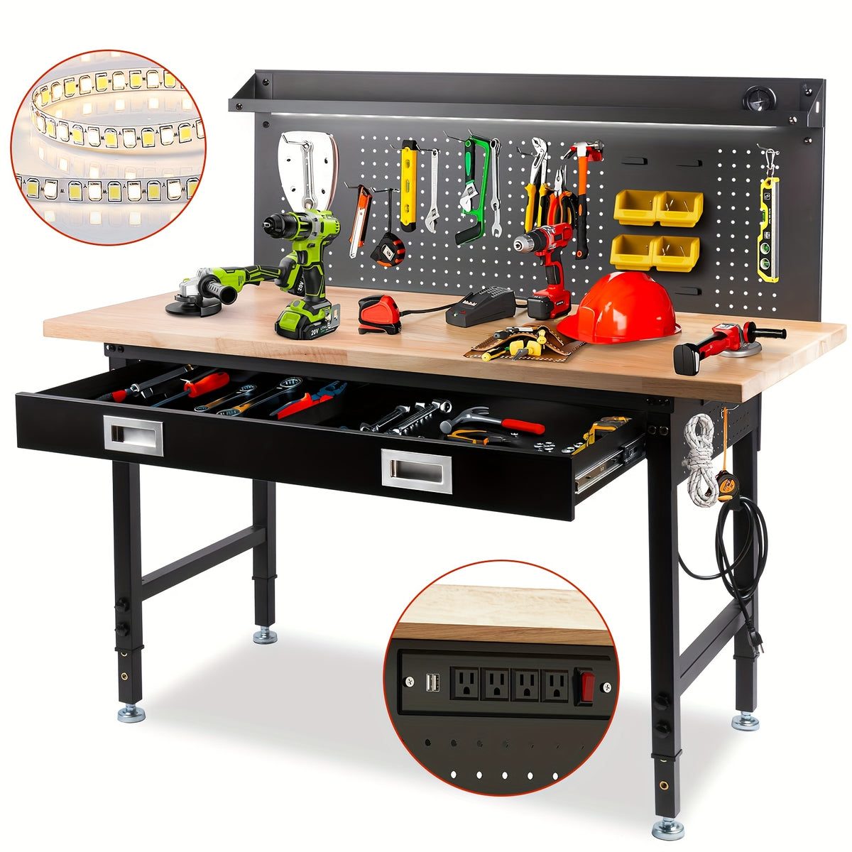 60"× 22" Garage Workbench with Drawers & Pegboard -- Adjustable Heavy Duty Table with Power Strip, Strip Light & Thick Rubber Wood Top, 2000LBS Load Capacity for Workshop, Office, Home Garage