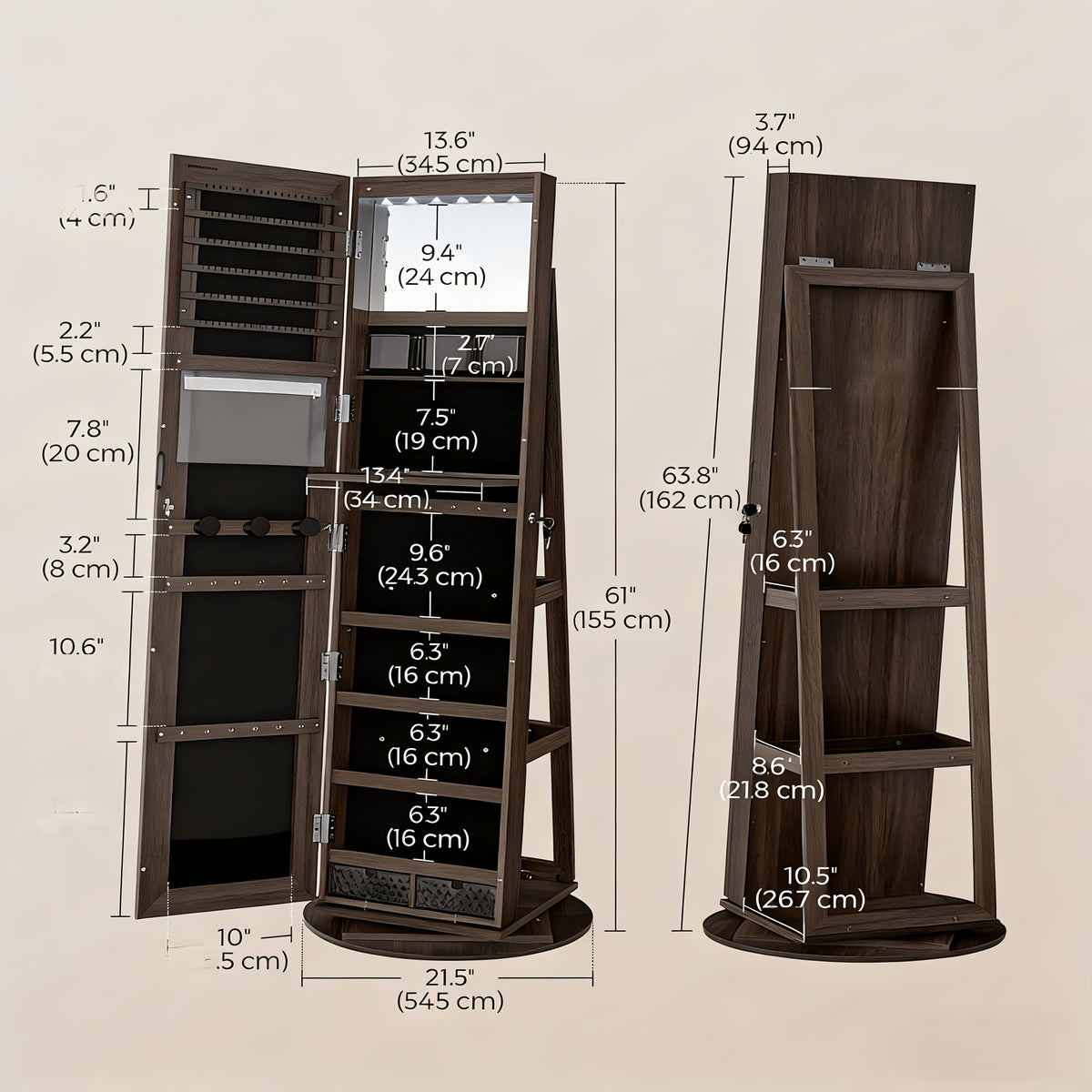 6 LEDs Lockable Mirror Jewelry Cabinet, 360° Swivel Jewelry Organizer Armoire Standing, Frameless Full-Length Mirror, 3 Storage Shelves, Christmas Gifts, Jewelry Armoires