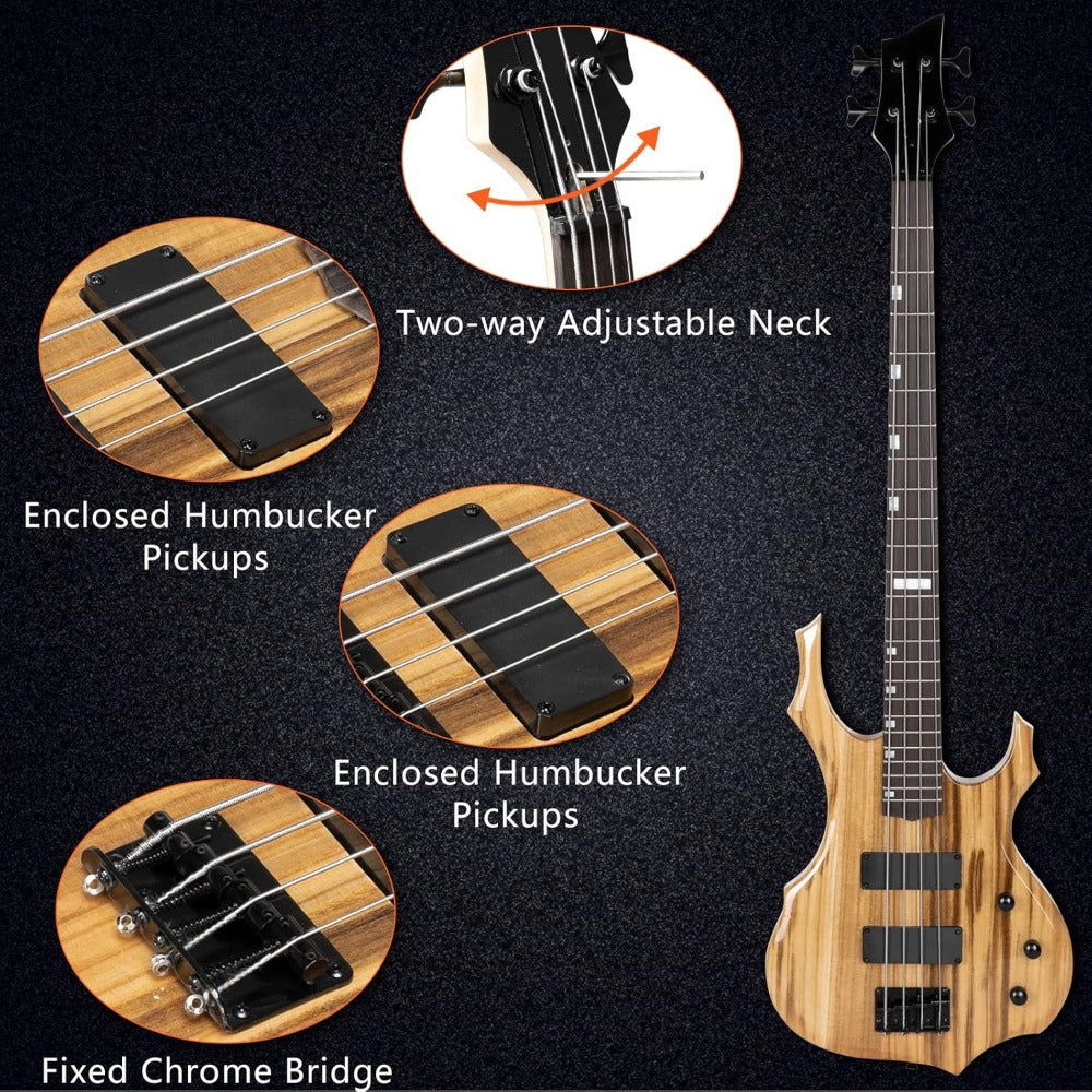 [Bass Guitar Set] Electric Bass Guitar Full Size Flame Design Bass Set with 20 Watt Amplifier, Portable Bass Bag, Superior Amp Wire, Adjustable Guitar Strap, Plectrum, Wrench Tool