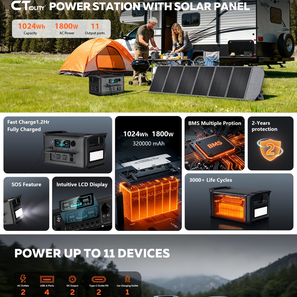 Ctolity 4800W Peak Portable Powerstation, 2400W Rate Power, UPS Function, Lifepo4 Battery, 400W/200W/100W Solar Panel Match with The Power Station, Solar Powered Survival Must Have, AP2000 2048Wh 2400W Power Station, XP1000 1024Wh 1600W, AP400 345Wh
