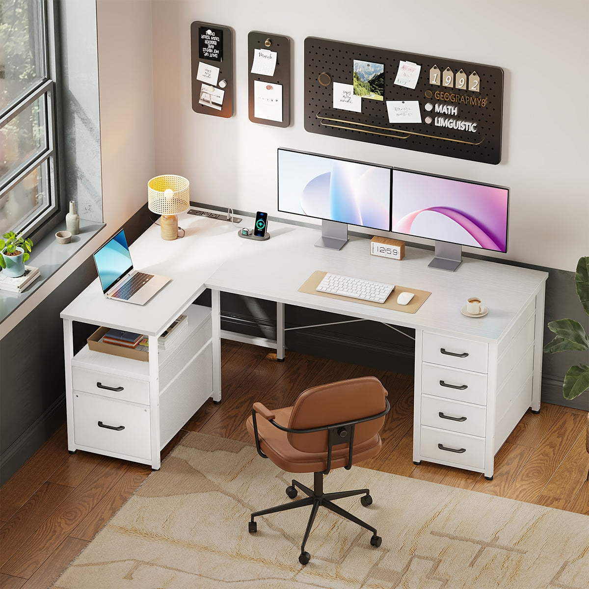 55-inch L-shaped Computer Desk with 6 Fabric Drawers and Power Outlets, Featuring a Flip-up Storage Shelf and File Drawer, a Home Office Corner Desk