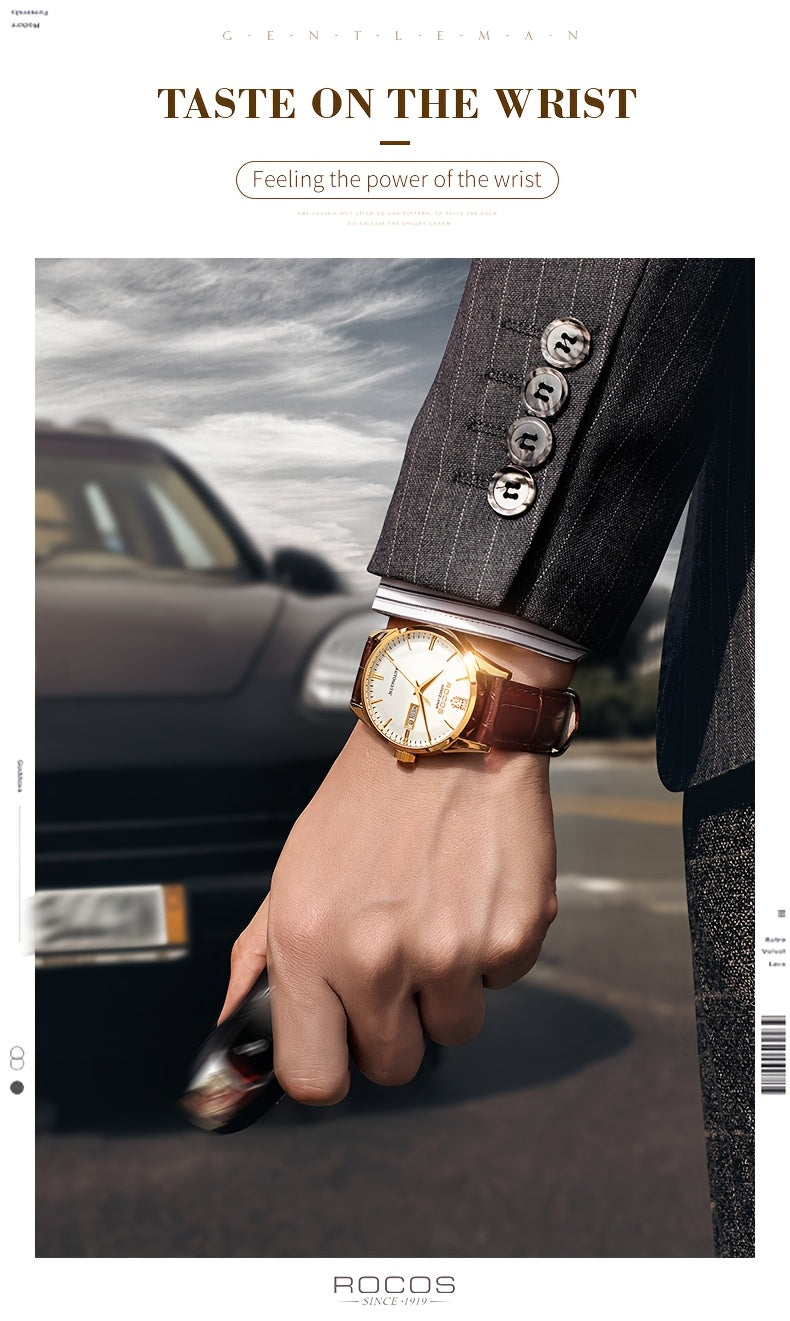 ROCOS Men's Watches High-end Business Watch for Men Automatic Mechanical Watch Classic Big Three Hands Golden Case Calfskin Strap Double Push Butterfly Buckle Calendar Day Of The Week Gift for Boyfriend
