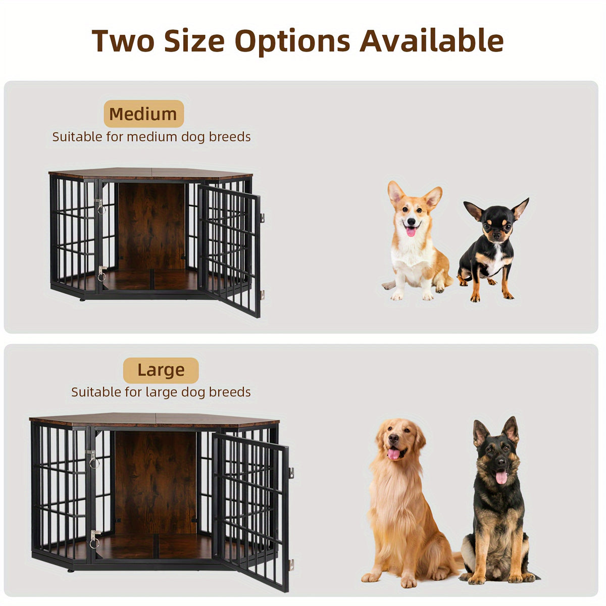 47"/52" Heavy Duty Corner Dog Crate Furniture - Rustic Brown Wooden Dog Cage with Double Sturdy Locks, Space-Saving Indoor Kennel & Side Table for Medium Dogs, Multi-Functional Pet House with Cushioned Floor & Decorative Top