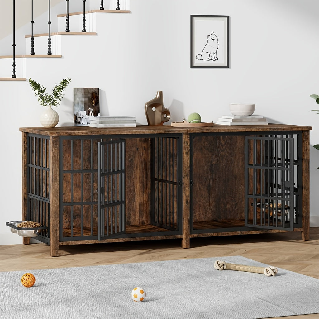 75/36/30in Furniture-Style Dog Crate with 360° Rotating Bowls, Adjustable Height, Safe Lock, Easy to Clean, Available In Gray/Brown, M, L, XL Sizes for One Or Two Dogs, Ideal for Home, Living Room Or Bedroom