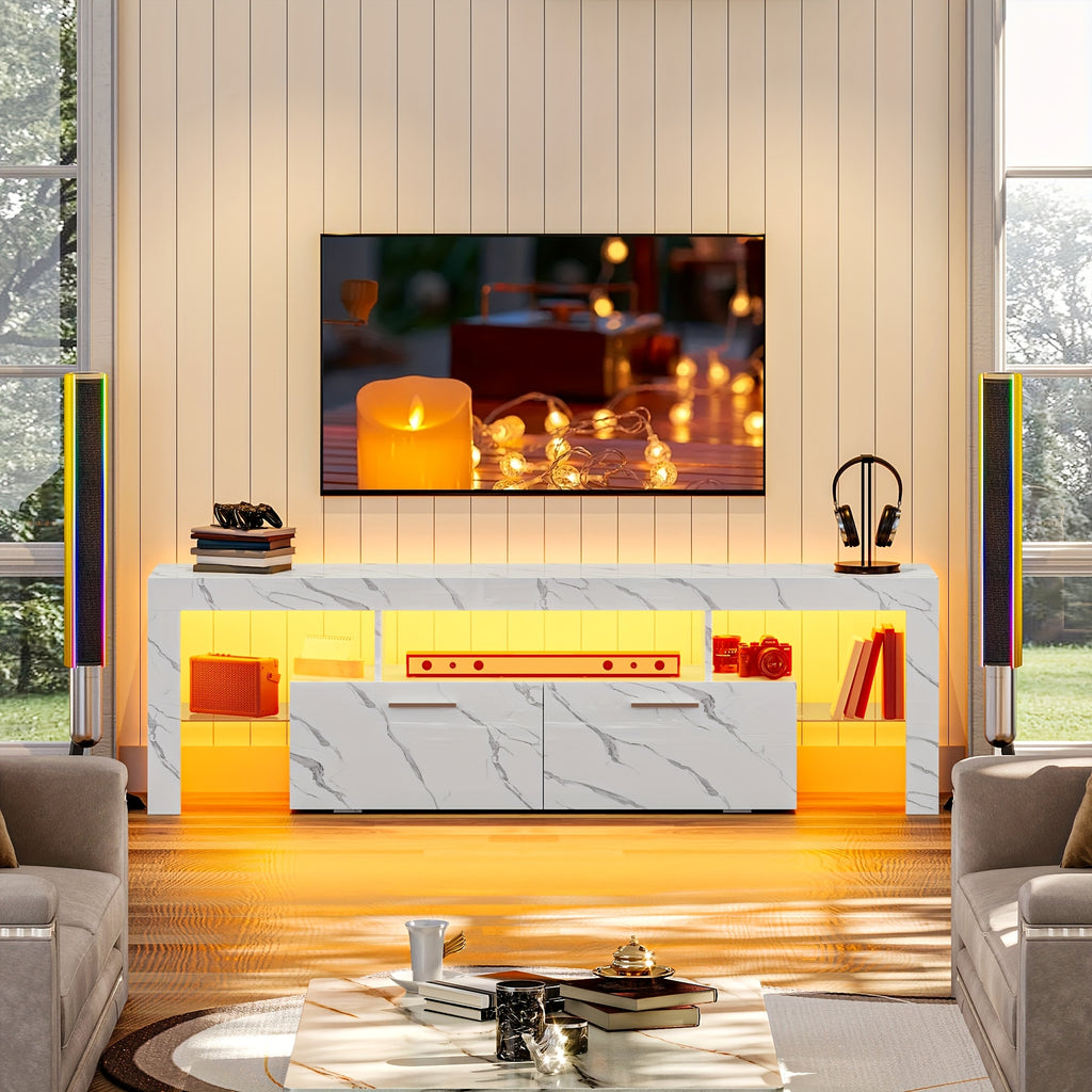 66 Inch White Black Marble TV Stand For 75 Inch TV, LED Gaming Entertainment Center, Glossy TV Console Table With Storage Drawers And Glass Shelves Xbox PS5 Game Console Cabinet For Living Room