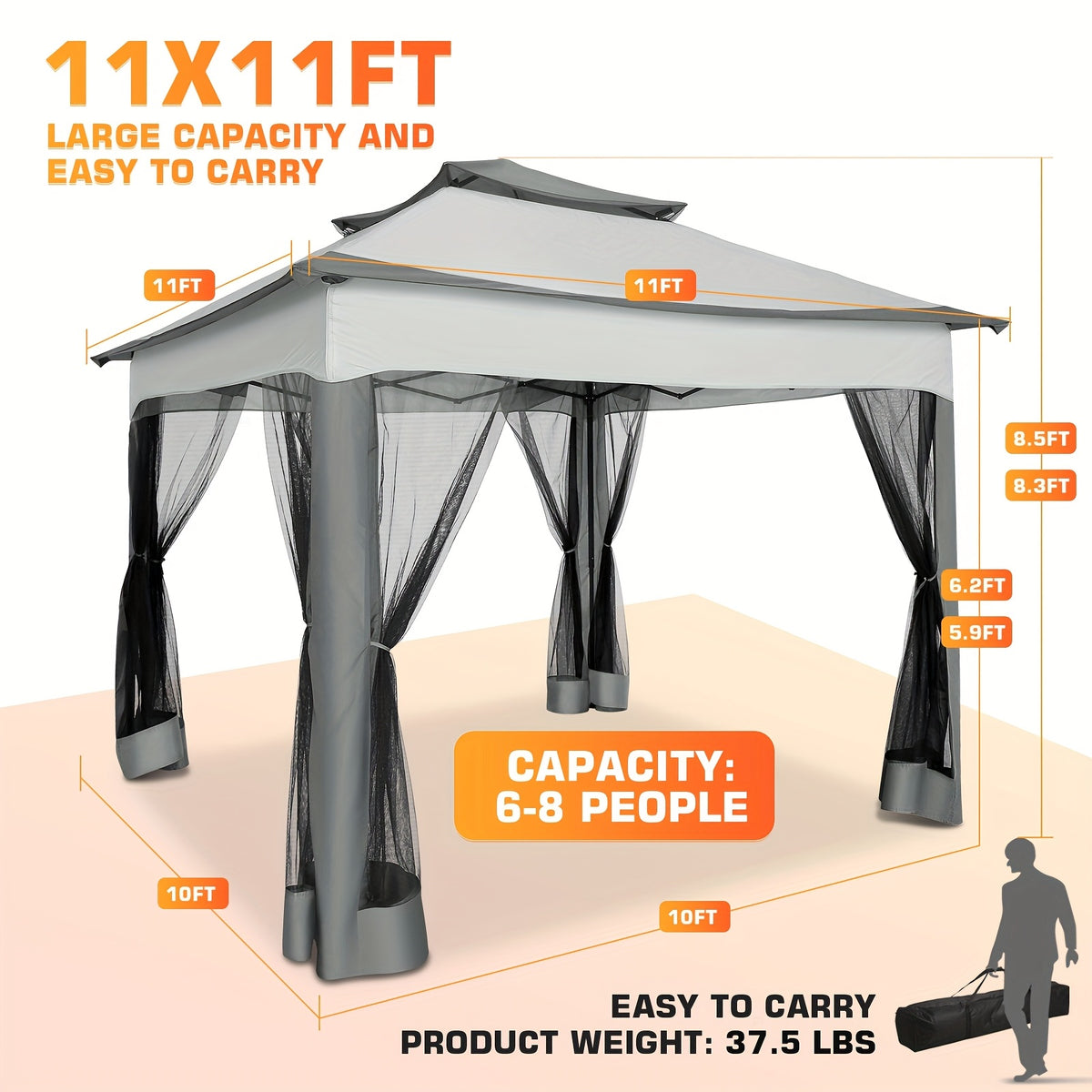 12ft×12ft/11x11ft Pop-up Patio Gazebo, Outdoor Gazebo with Mosquito Net, Double Roof Ventilation, 121 Square Feet Shade, Suitable for Lawns, Gardens, Backyards, and Decks