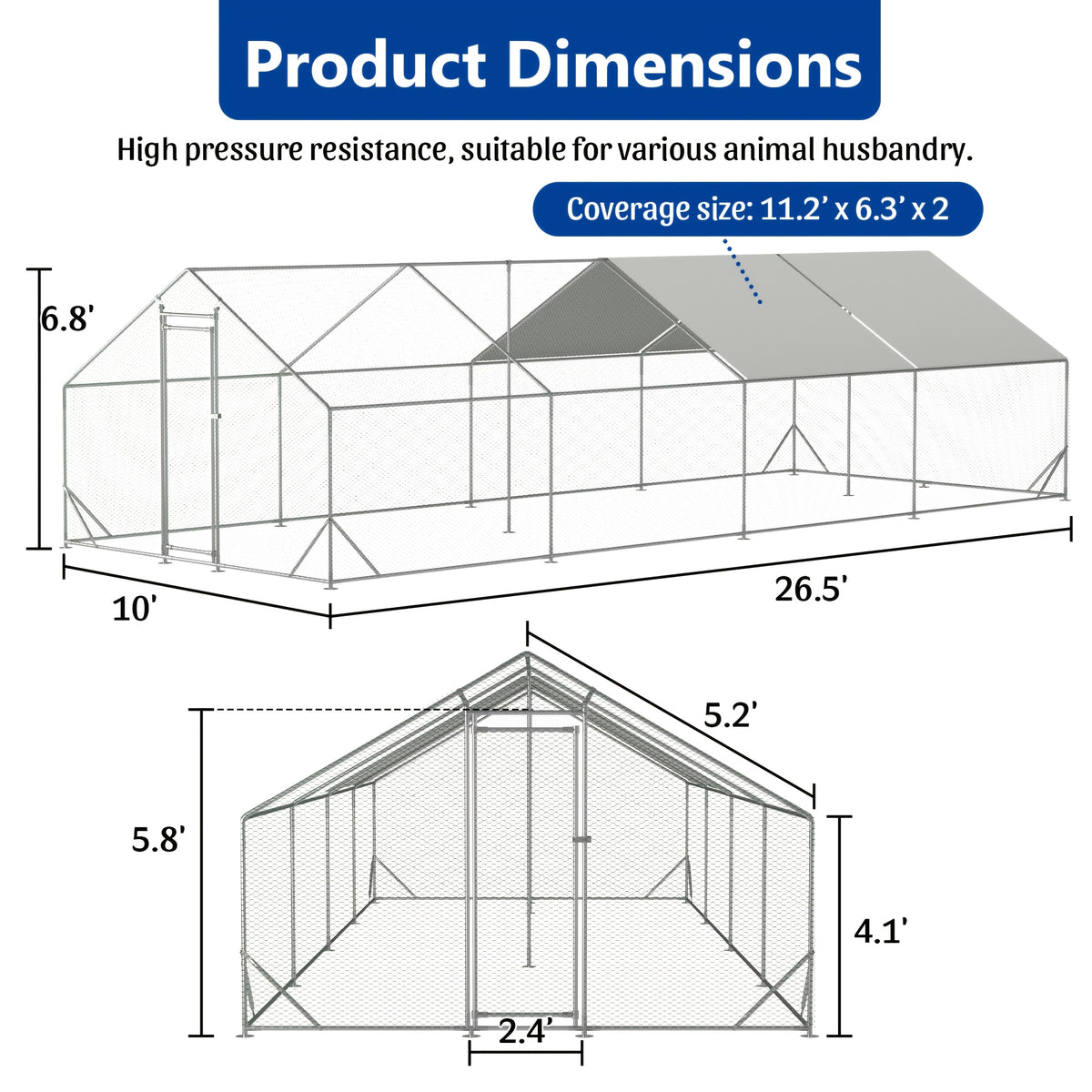 Large Metal Chicken Coop, Walk-in Chicken Run, Galvanized Wire Poultry Chicken Hen Pen Cage, Rabbits Duck Cages With Waterproof And Anti-Ultraviolet Cover For Outside(10' L X 20' W X 6.56' H), Without Battery