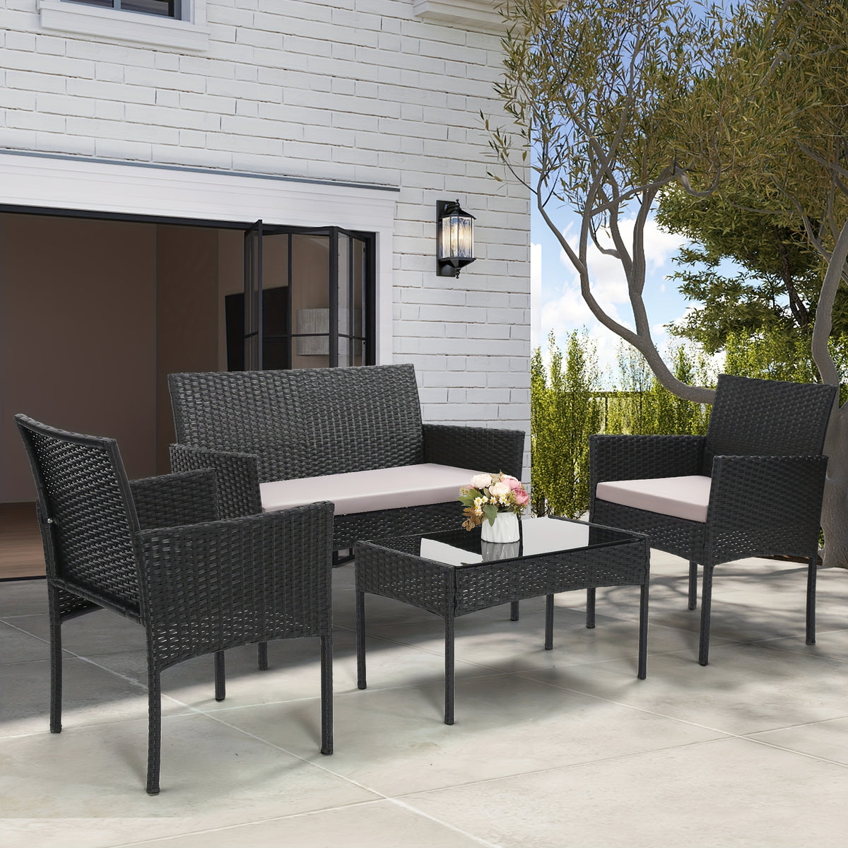 KROFEM 4pcs Wicker Bistro Furniture Set, Includes 2 Chairs with Water Resistant Cushions, Coffee Table, And Comfy Loveseat, Perfect for Any Outdoor Gathering