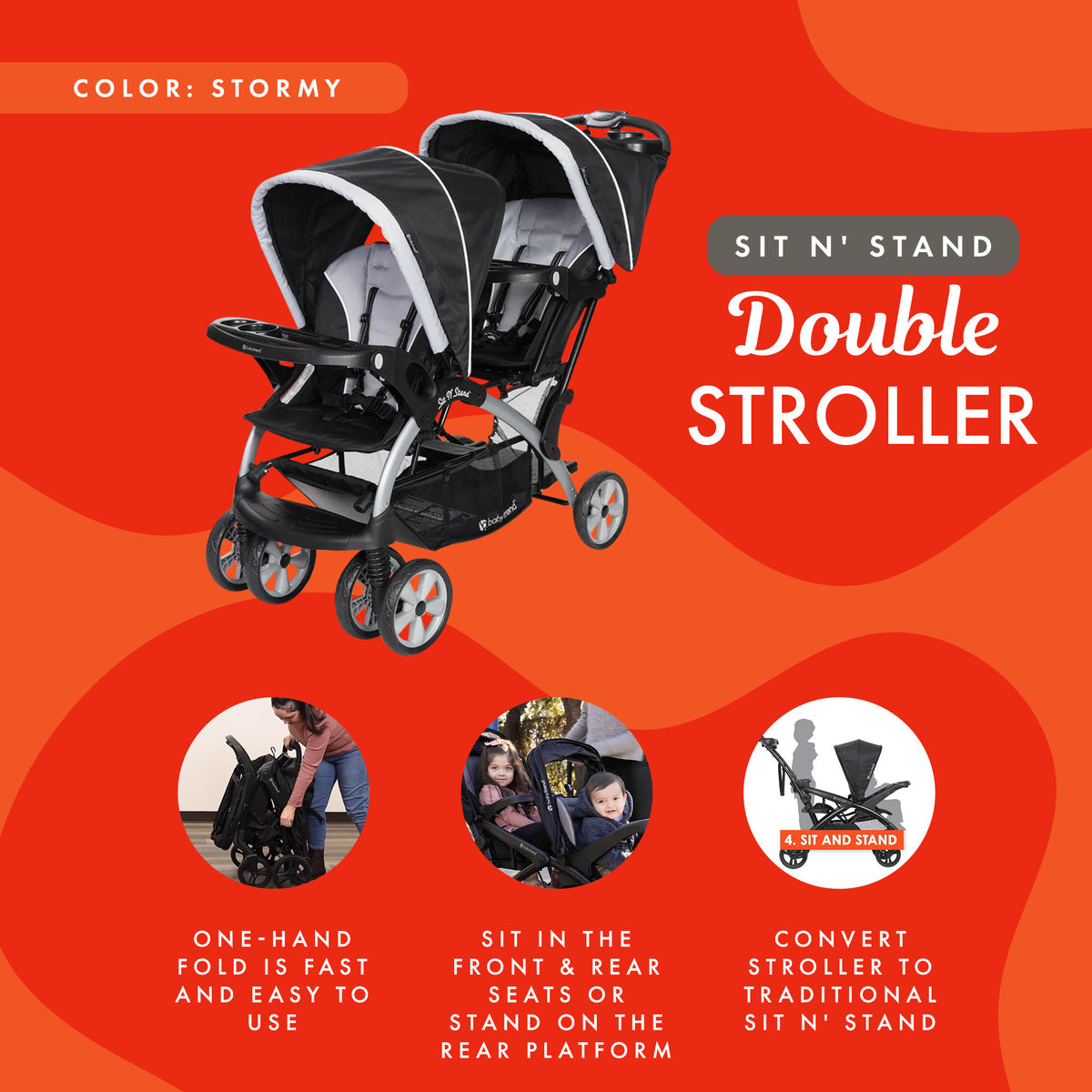 Baby Trend Double Infant and Toddler Stroller w/ Harness and Basket, Sit N' Stand, Stormy