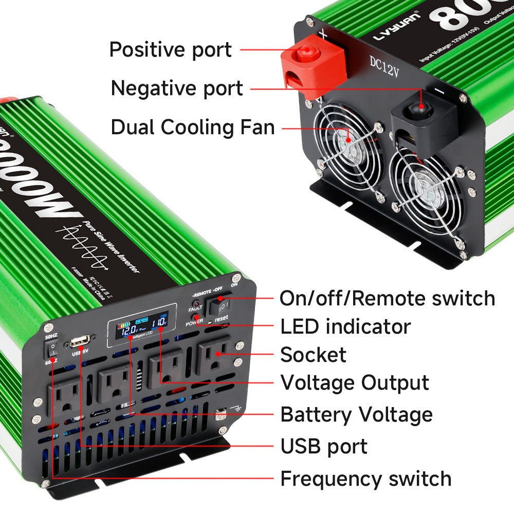 Pure Sine Wave Inverter 8000 Watt (Peak) Vehicle Power Inverter, Converts 12 Vdc to 110 Vdc to 120 Vdc, with LCD Display, Remote Control and Troubleshooting, 4 US Sockets for Car Onboard Chargers, for Home Solar Systems, RV's, and Vans, without Batteries