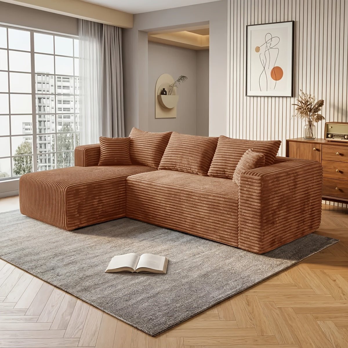95 Inch L-Shaped Sectional Sofa, Fluffy Corduroy Cloud Sleeper Couch, Free Combination Boneless Sofa with Wide Chaise And Ultra-Deep Seating, Cozy Lounge Furniture for Apartment, Living Room, Easy Setup